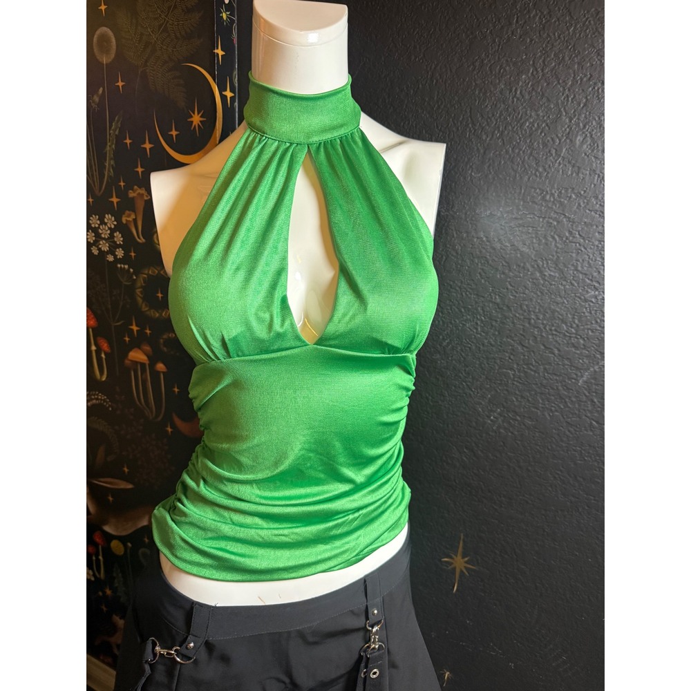 Uno Core USA Green Halter Top Keyhole Ruched Y2K Clubwear Large T7565